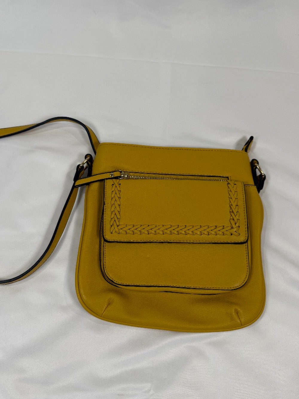 Mustard Yellow Crossbody Bag Boho Braided Trim Faux Leather Shoulder Purse